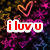 Pixelated image with red text reading "i luv u" and "& 4 always" over a dark background of purple, pink, and yellow heart shapes.
