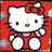Hello Kitty character in red dress with bow on head, displayed across four showing text and visual changes