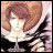 Pixelated static image of a character with brown hair and white clothing against a pinkish background, featuring dark abstract shapes on the right side.
