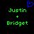 Pixelated green text 'Justin' and 'Bridget' with a green plus sign between them, a blue heart symbol above, on a black background.