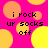 Pixelated text 'i rock ur socks off' on bright pink background with yellow and orange circles, two versions of the same design displayed side-by-side.