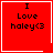 Red square icon with black text "I Love haley<3" and white border; four variations show different corner symbols.