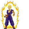 Pixel art character in blue martial arts uniform with red sash, shown in multiple poses with and without fiery aura, some frames depict energy ball formation.