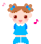 4-frame pixel art animation of a cartoon girl in blue dress with musical notes, displayed as 2x2 contact sheet on gray background