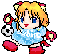 Pixelated anime-style character with blonde hair and cat ears holds soccer ball in various poses against gray background.