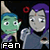 Pixelated cartoon characters with green and purple hair, one holding a small object, text "fan" below in white or pink.