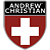 Pixelated shield-shaped icon with black top section containing white text 'ANDREW CHRISTIAN' and red lower section featuring a white cross.