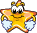 Four pixelated star-shaped characters with yellow-orange bodies, white eyes with black pupils, and light blue cloud-like shapes under their arms against a gray background.
