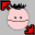 Pixelated character with pink face, black spiky hair, and gray mouth; four corner elements shift between red/black configurations.