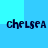 Pixelated text 'chelsea' repeated four times on a blue gradient background with cyan accents.