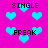 Pixelated blue hearts float over a bright pink background with the words SINGLE and FREAK in black block letters.