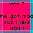 Pixelated text on a bright pink background with cyan and gray lines, displaying 'wtf?', 'he got mad', 'cuz i like', and 'HIM!' in black block letters