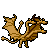Pixelated dragon with brown and tan stripes, black outlines, yellow eyes, open mouth showing teeth, wings spread, tail curled, standing on four legs against gray background.