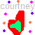 Pixelated graphic with 'Courtney' text above a red heart containing green pixels, surrounded by colored plus signs and orange squares on white background.