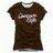 Six apparel items displayed in a : brown t-shirt with graphic, blue polo shirt, brown tote bag with pink moose, maroon sleeveless top, and brown hoodie with text