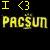 Yellow pixelated text 'I <3 PACSUN' on dark background with blue and purple speckles.