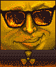 Pixelated face with yellow-orange tones, wearing black sunglasses reflecting fire-like patterns and a dark suit with three gold buttons.
