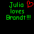 Green pixelated text reads "Julia loves Brandt!!!" with a red heart symbol above "Julia" on the left side of a black background.