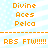 Pixelated orange text on light blue background with white stripes and dots, arranged in two vertical separated by a dashed line
