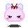 Pixelated pink character with white ears and red berry-like adornment, showing open eyes, closed eyes, and 'Zz..' text in different frames.