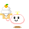 Pixel art character with white rounded body, pink outline, and yellow top holding a dessert tray with three scoops of ice cream topped by an orange fruit with green leaf.