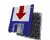 Blue floppy disk icon with red downward arrow on white label, shown in multiple angled views and states including folded, flat, and partially folded positions.