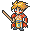 Pixel art character with spiky blonde hair, red and blue eyes, holding a wooden staff in four distinct poses against gray background.