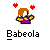 Pixel art icon of a character with orange hair and purple top, two red hearts above head, gray background, text 'Babeola' below.