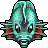 Pixelated teal and red creature with large eyes, spiky fins, and a smooth rounded body against a gray background.