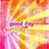 Pixelated graphic with radiating yellow and pink stripes, featuring 'good day sunshine' text and three white star symbols.