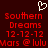 Pixelated red text on dark background with white heart symbol above, showing identical static display of 'Southern Dreams 12-12-12 Mars @ lulu' in two