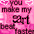 Pixelated pink background with repeated text and heart symbols in black, white, and light pink.