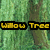 Pixelated text "Willow Tree" in multiple colors over a green tree background with brown trunks.