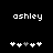 Pixelated text 'ashley' above a of five heart icons with one gray heart in the center on black background