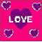 Pixelated pink and purple icon with central heart shape, four smaller hearts at corners, and bold white text reading "LOVE" in the center.