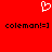 Red background with white pixelated heart symbol above two identical black text strings reading 'coleman!=]' in a blocky font.