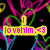 Animated icon with neon pink, green, and blue abstract lines on black background, displaying changing text overlays.