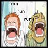 Two anime-style characters with open mouths shouting 'run' text repeated above them on a light background.