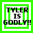 Four variations of a pixelated graphic with 'TYLER IS GODLY!!' text, each with different green border configurations on a white background.
