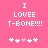 Pink background with white pixelated text reading "I LOVEE T-BONE!!!!" and five heart symbols below, two versions showing different heart animation states.