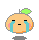 Pixelated orange fruit with green leaf, pink cheeks, black eyes, and blue tears; mouth changes from straight to curved in four