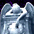 Pixelated angel figure with outstretched wings against dark purple and black background, rendered in blue-gray tones.