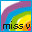 Rainbow gradient background with pixelated text 'miss u', 'free', and 'logo' appearing sequentially in the lower-left quadrant.