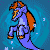 Pixel art animation of a blue and orange merhorse character swimming against a teal background with white bubbles, displayed as a 3x3 contact sheet of seven sampled frames.