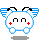 Pixelated character with white body, blue wings, black antennae, red plus signs on cheeks, and two curved eyes.