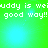 Green gradient background with white pixelated text repeating 'wuddy is weyuddy is we good way!! good way!!' and light blue circular glows.