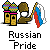 Pixel art buddy icon featuring Russian-themed elements with two identical frames showing a figure holding a flag and onion-domed buildings, plus promotional text for 'badassbuddy.com'