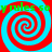 Four identical red and cyan spiral patterns arranged in a with green text reading "y rules so y rules so" overlaid on top