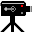 Pixelated black camera on tripod with red square, gray circular lens, and white horizontal line; background alternates between solid light gray and white.