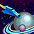 Pixelated space scene with a blue and cyan rocket emitting orange exhaust, orbiting a large light-blue planet with rings against a dark purple starry background.